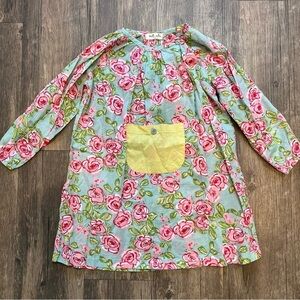 Petit Daisy Floral Roses Long Sleeves Pink Green Sun Dress Pullover Button S